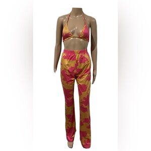 Pink and Yellow Camouflage Bikini Top & Swim Pants Set